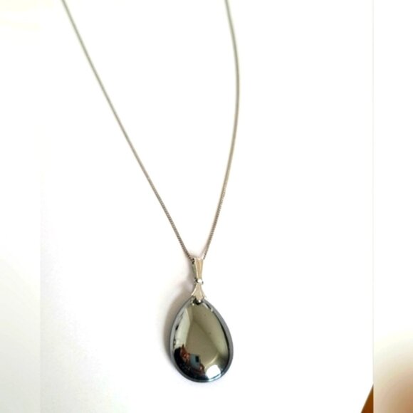 Sterling Silver Terahertz Wave Chunky Gemstone Tear Drop Pendant Chain Necklace - Picture 1 of 12